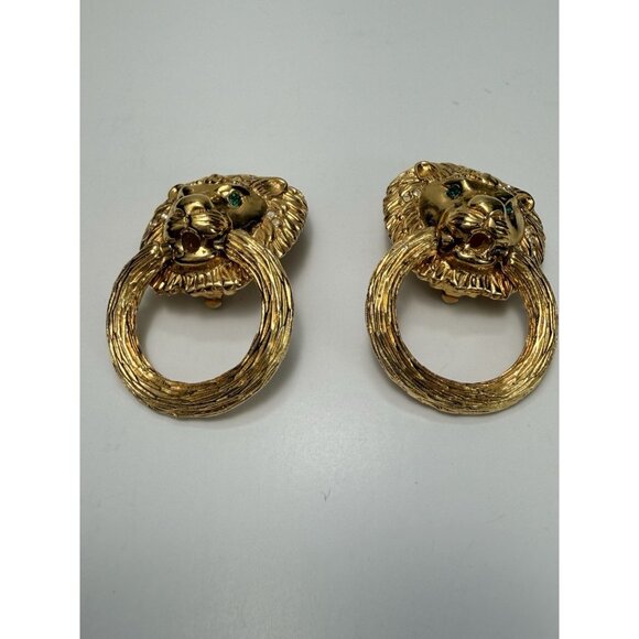 Vintage D’Orlan Gold Tone Lion Head Clip On Earrings Emerald Eyes 2” - Picture 11 of 14
